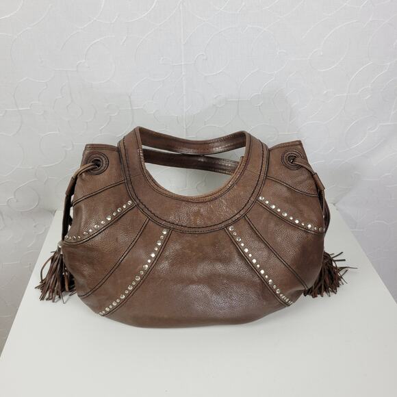 Fossil Fifty Four Womens Shoulder Bag Brown Leather Tassels Studded Hobo Western - Picture 10 of 13